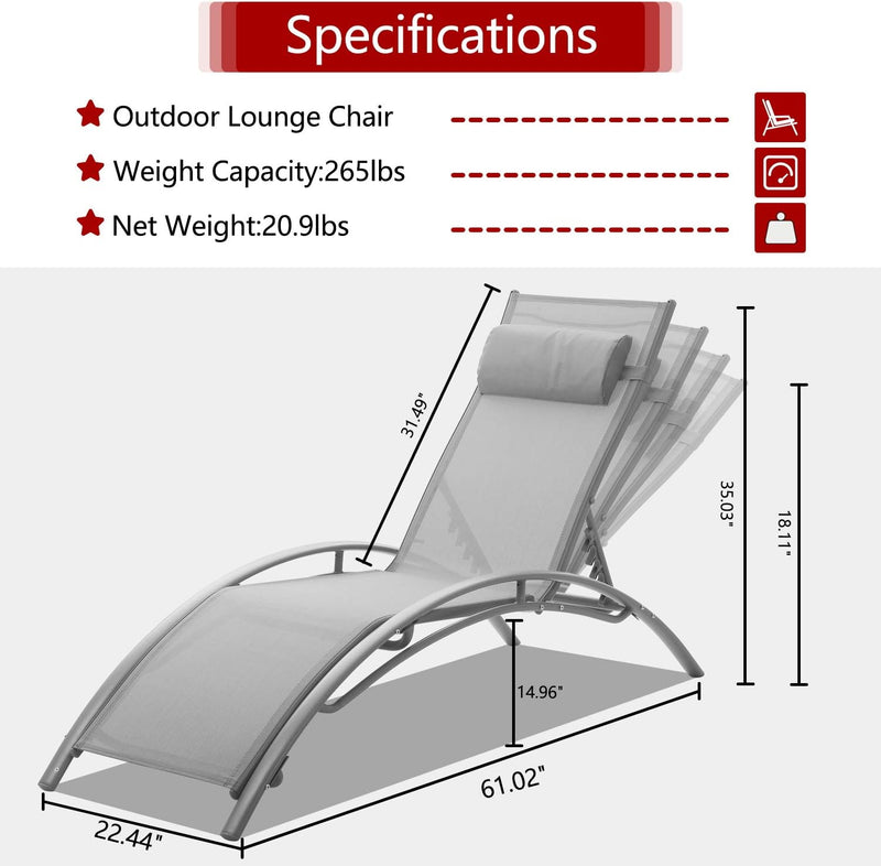 2 PACK Outdoor Aluminum Patio Chaise Lounge Chairs,Beach Pool Reclining