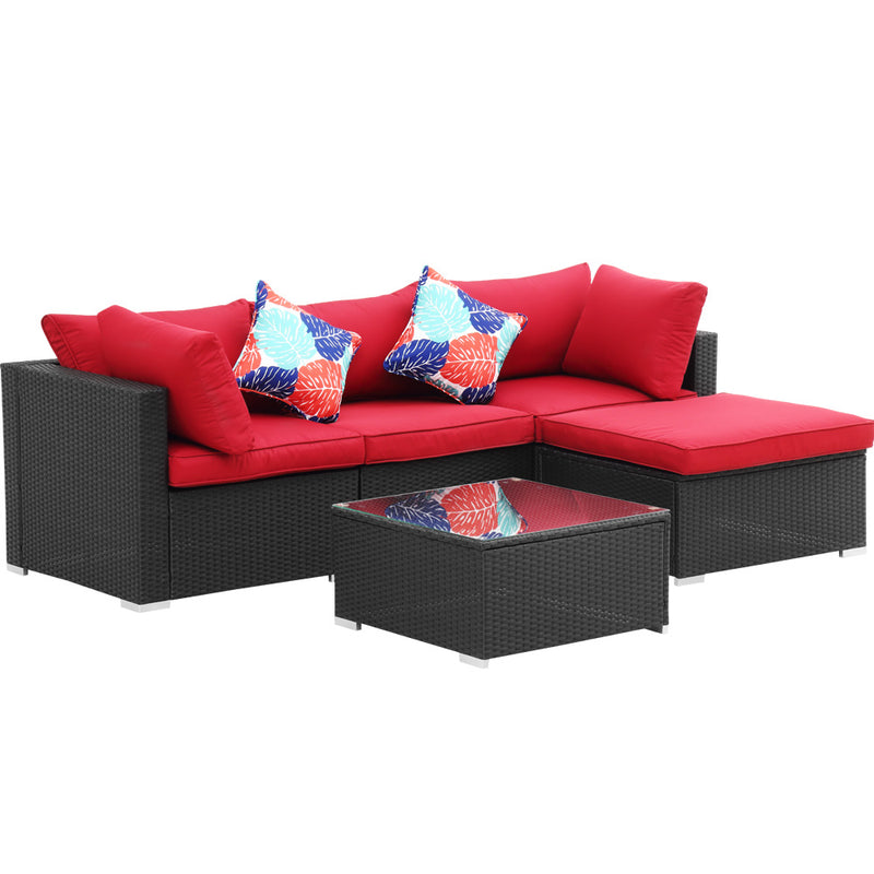 Ainfox 5 PCS Outdoor Patio Furniture Sofa Set Wicker Sectional Rattan Conversation Set with Cushion and Glass Table