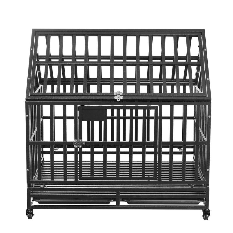 Ainfox 38/”42” Heavy-Duty Dog Pets Kennel Cage Crate Double Door w/Lockable Wheels Steeple Square Tube Dog Crate Safe Metal Tray