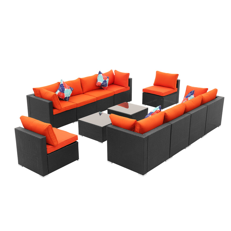 12pcs Patio Furniture Set Outdoor Black PE Rattan Sofas with Cushion, Steel Frame