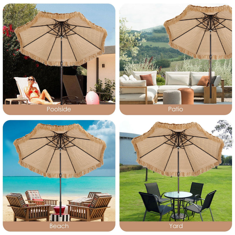 Ainfox 10ft 2 Tier Outdoor Thatched Tiki Umbrella with Tilt Hand crank,32 built-in LED lights  Hawaiian Style Beach Patio Umbrella