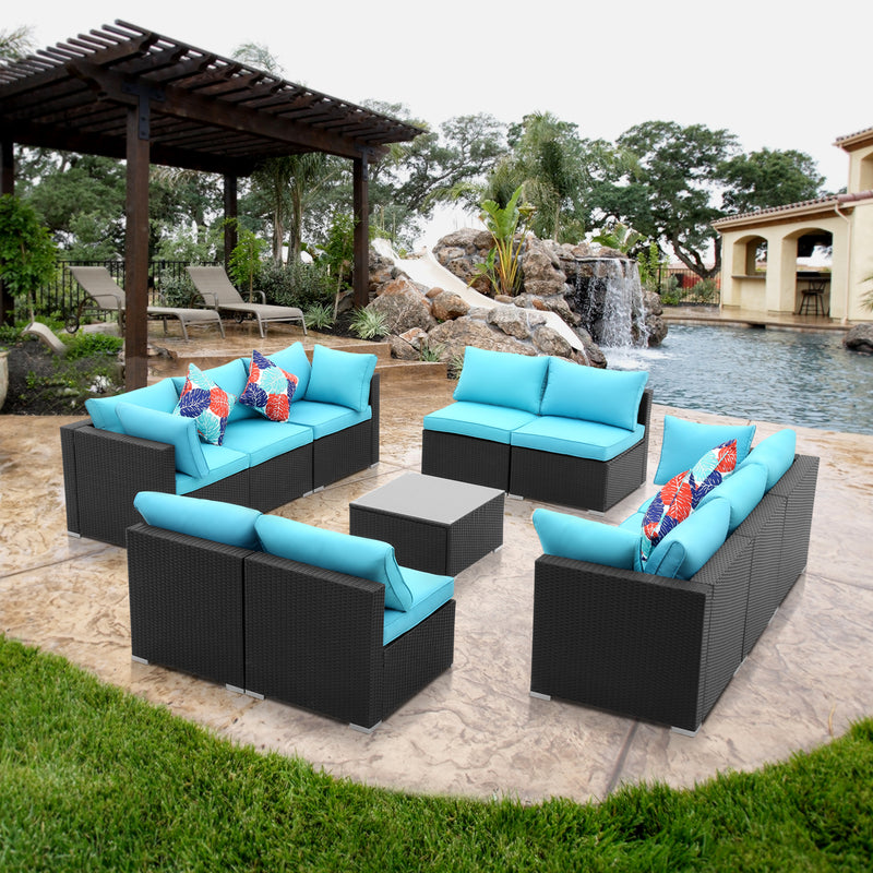 Ainfox 11 Pieces Outdoor Patio Furniture Sofa Set Wicker Sectional Rattan Conversation Set with Cushion and Glass Table