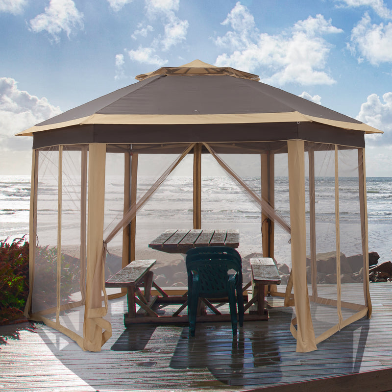 Ainfox Outdoor 6-Sided Pop Up Canopy with Sidewalls, Double-roofed & Extended Eaves