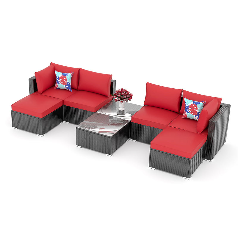 8 PCS Outdoor Patio Furniture Sofa Set Wicker Sectional Rattan Conversation Set with Cushion and Glass Table