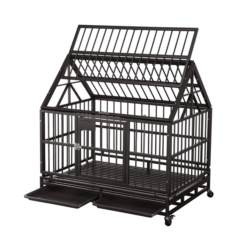Heavy-Duty Dog Pets Kennel Cage Crate Double Door w/Lockable Wheels Steeple Round Tube Dog Crate Safe Metal Tray