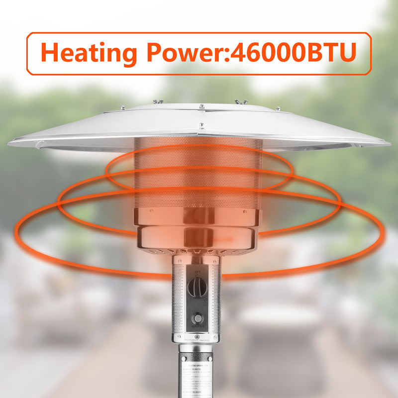 46,000 BTU Outdoor Propane Heater Standing Stainless Steel Outdoor Gas Patio Heater with Wheels & Safety Auto Shut Off Valve for Commercial & Residential