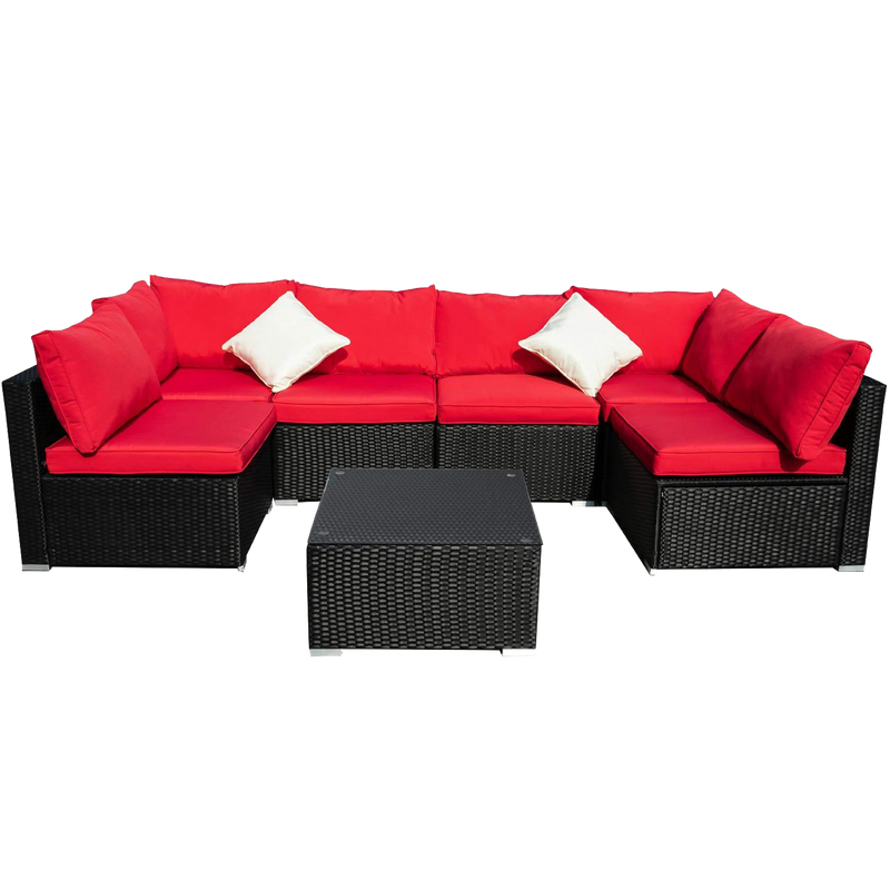 Ainfox Outdoor Patio Furniture 2-12 Pieces PE Rattan Wicker Sectional  Red Sofa Sets with Pillows&Cushions