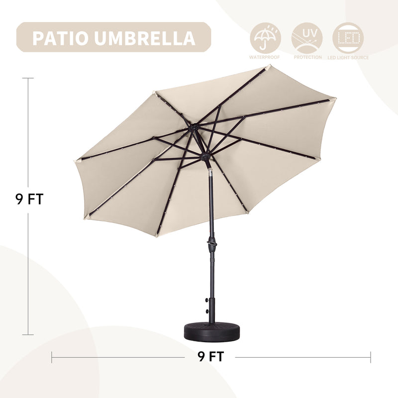 9ft Solar 32 LED Lighted Umbrella with 8 Ribs Adjustment and Crank Lift System for Patio Waterproof Sun Protection-Without Base