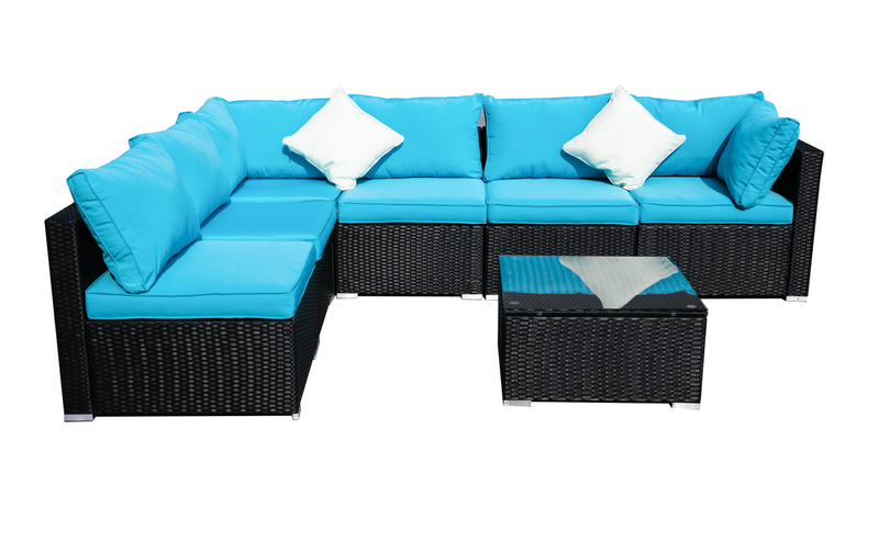 Ainfox Outdoor Patio Furniture 2-12 Pieces PE Rattan Wicker Sectional Blue Sofa Sets with Pillows&Cushions